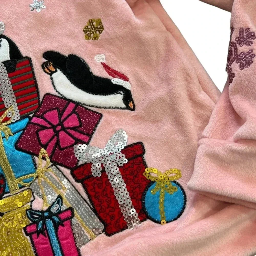 Margaux & Lexi Pink Velour Penguin Holiday Hoodie 5
